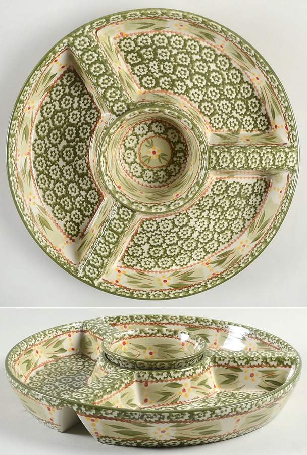 Old World Green (3 Part) Divided Chip Bowl/Plate & Dip Bowl Set by Temp-Tations-1