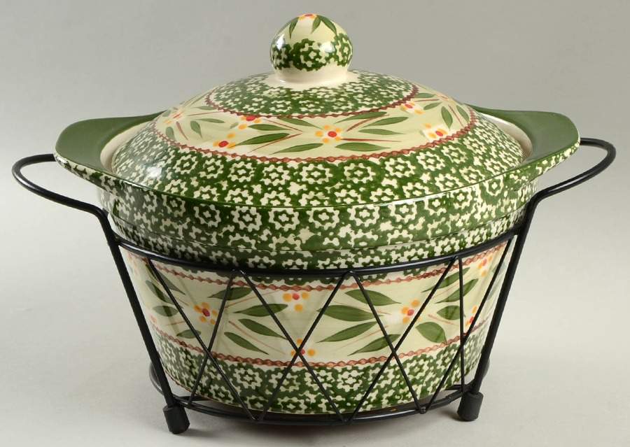 Old World Green 2.25 Qt Round Covered Casserole & Metal Stand by Temp-Tations-1