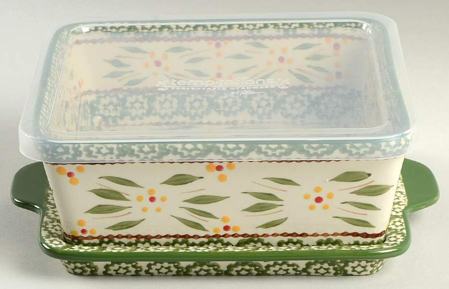 Old World Green 8" Square Baker w/Plastic Storage Cover & Tray by Temp-Tations-1