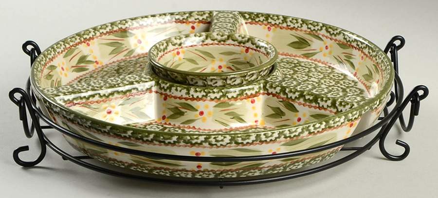 Old World Green (3 Part) Divided Chip Bowl/Plate & Dip Bowl w/Metal Stand by Temp-Tations-1