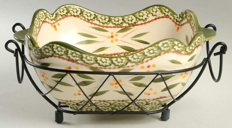 Old World Green 9" Scalloped Bowl & Metal Stand by Temp-Tations-1