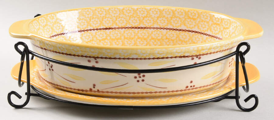Old World Yellow 10" Oval Baker W/ Lid-It & Metal Stand by Temp-Tations-1