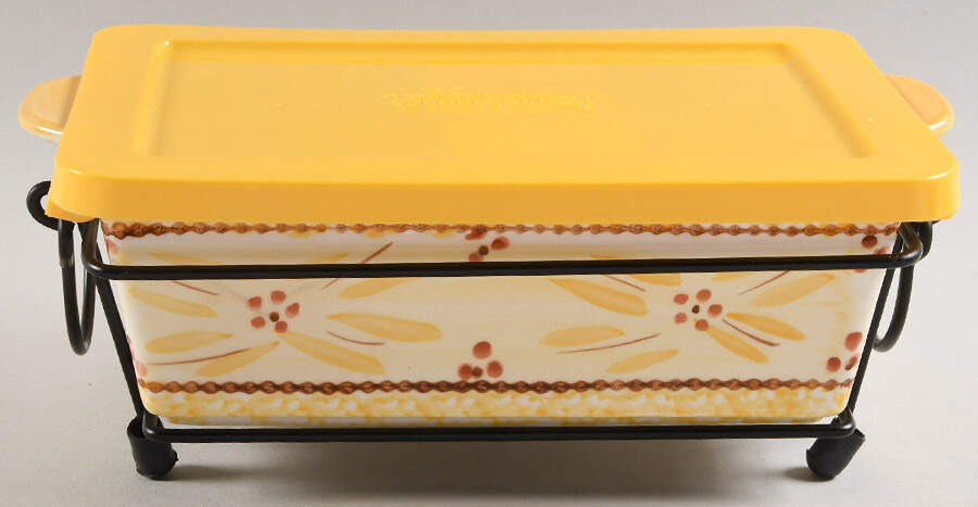 Old World Yellow 10" Rectangular Baker W/Plastic Lid & Metal Stand by Temp-Tations-1