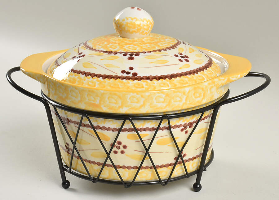 Old World Yellow 1 Qt Round Covered Casserole with Metal Stand by Temp-Tations-1
