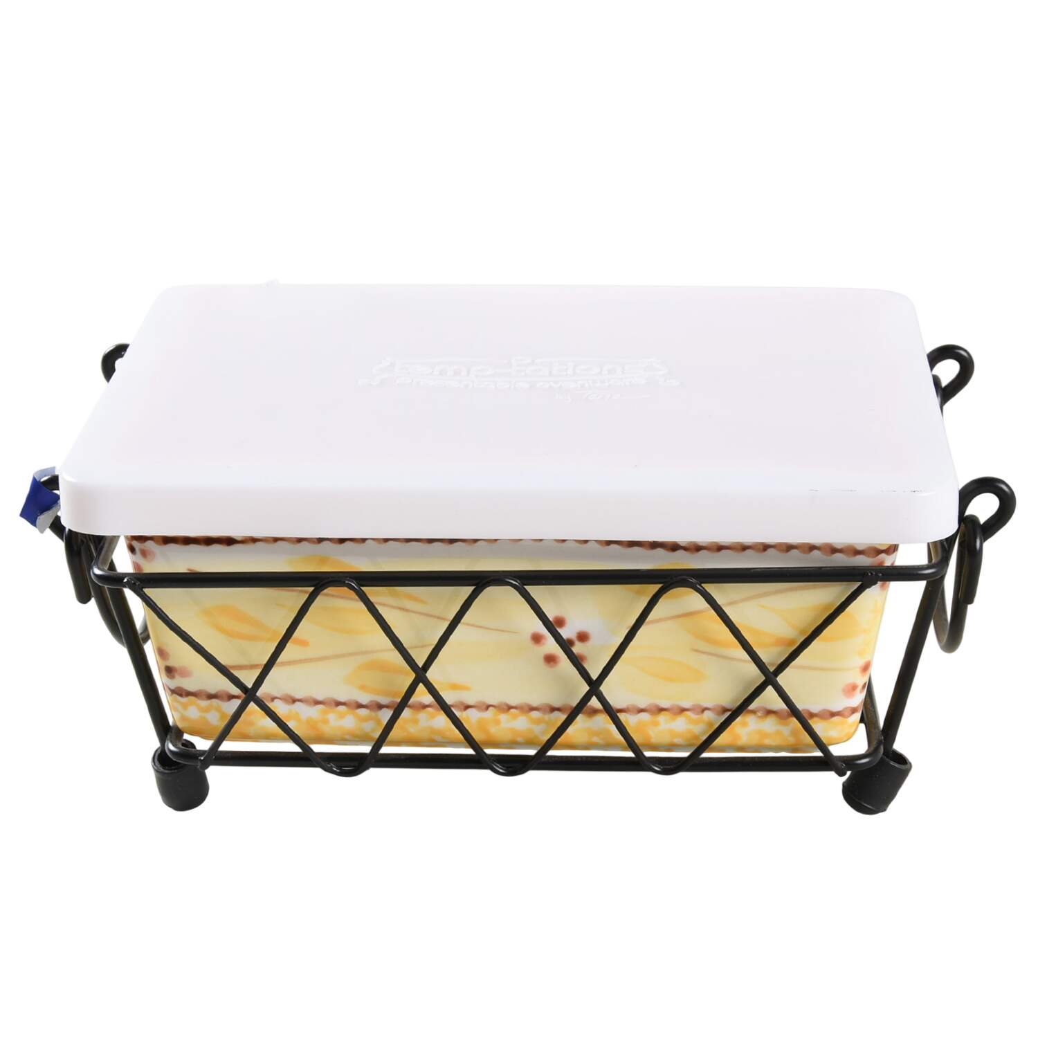 Old World Yellow 7" Rectangular Baker W/Storage Cover & Metal Stand by Temp-Tations-1