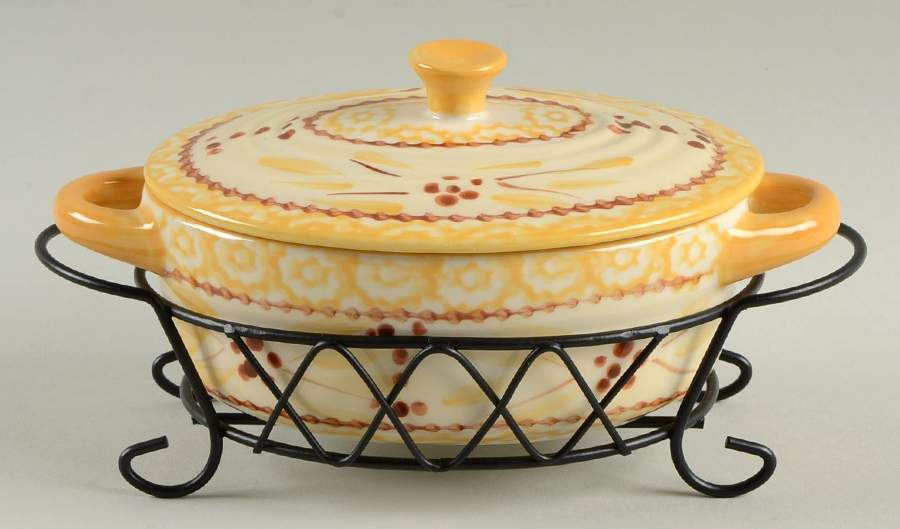 Old World Yellow 9 Oz Individual Oval Casserole & Lid W/Metal Stand by Temp-Tations-1