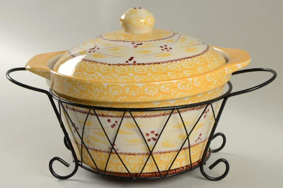 Old World Yellow 2.5 Qt Round Covered Casserole & Metal Stand by Temp-Tations-1