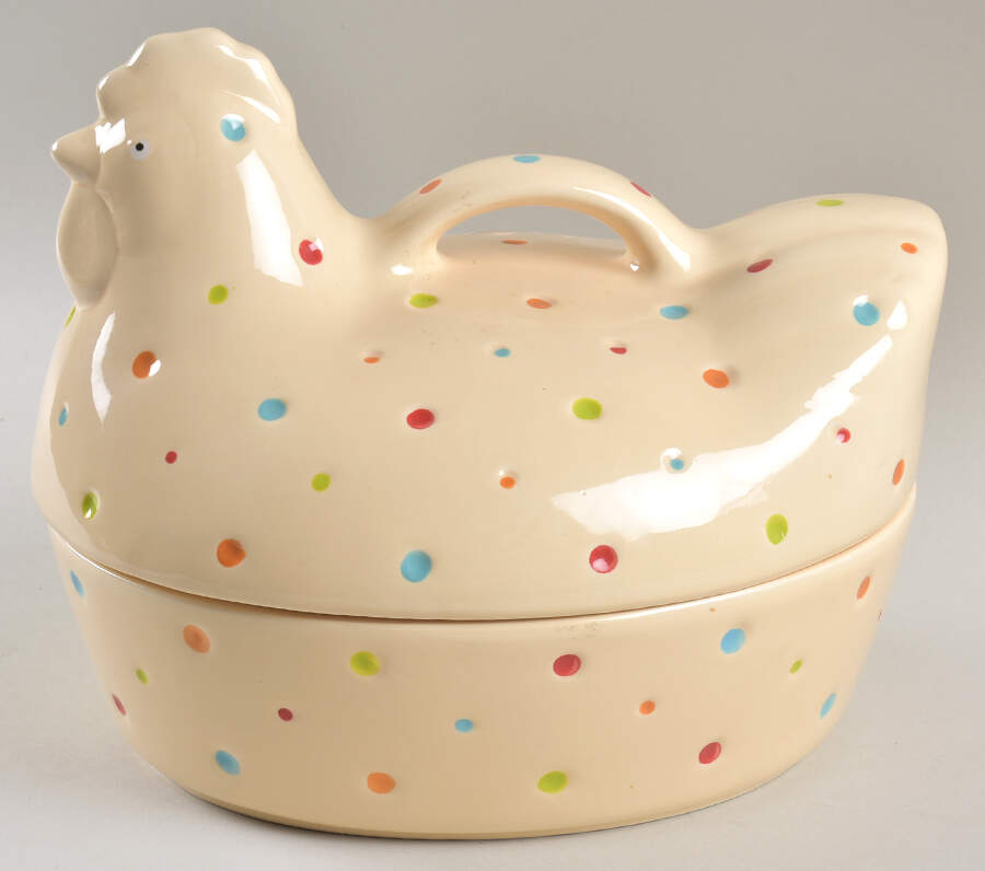 Polka Dot Cream Figural Oval Baker & Lid by Temp-Tations-1