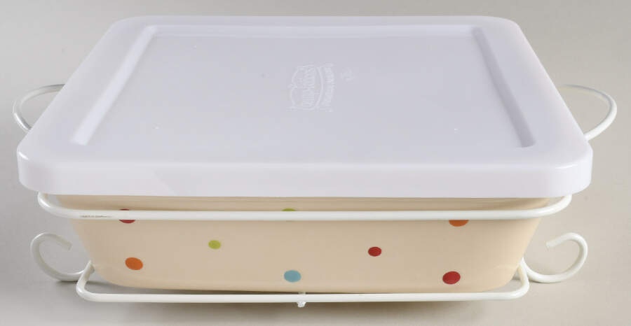 Polka Dot Cream 9" Square Baker w/Storage Cover & Metal Stand by Temp-Tations-1