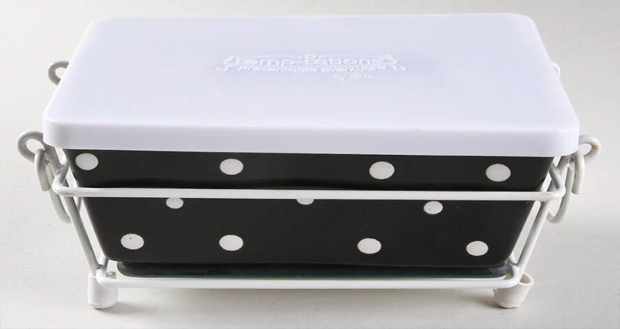 Polka Dot Black (4 Pc) 13" Rectangular. Baker (Baker, Lid, Trivet & Stand) by Temp-Tations-1