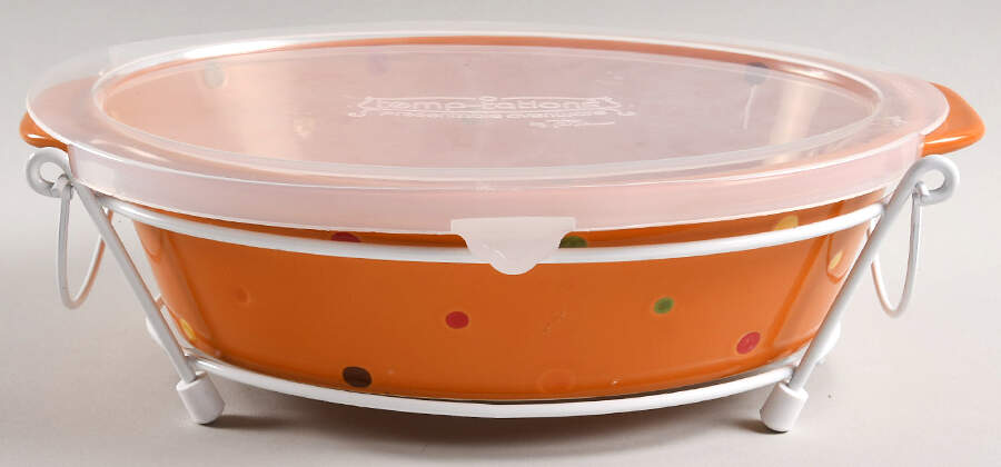 Polka Dot Spice 1.5 Quart Oval Covered Casserole w/Plastic Lid & Metal Stand by Temp-Tations-1
