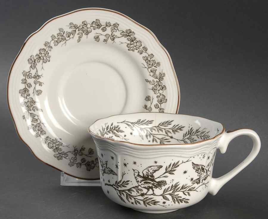 New England Toile Brown (Gamebird) Flat Cup & Saucer Set by Tabletops Unlimited-1