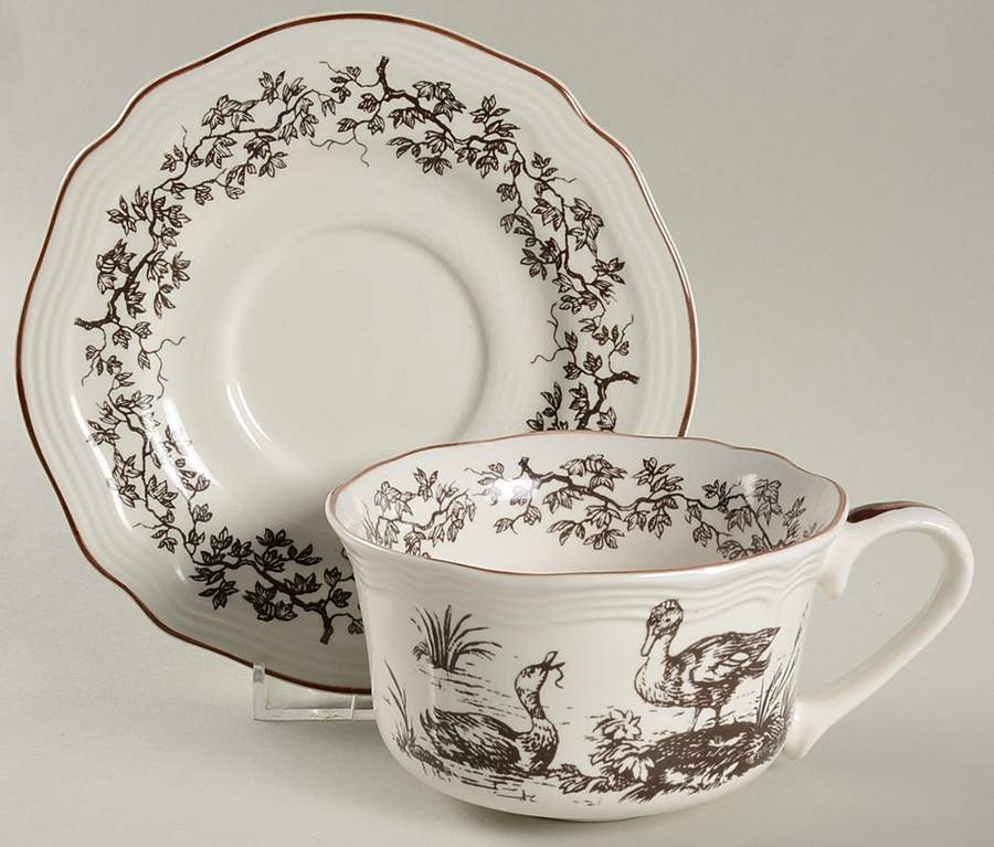 New England Toile Brown (Gamebird) Flat Cup & Saucer Set by Tabletops Unlimited-1