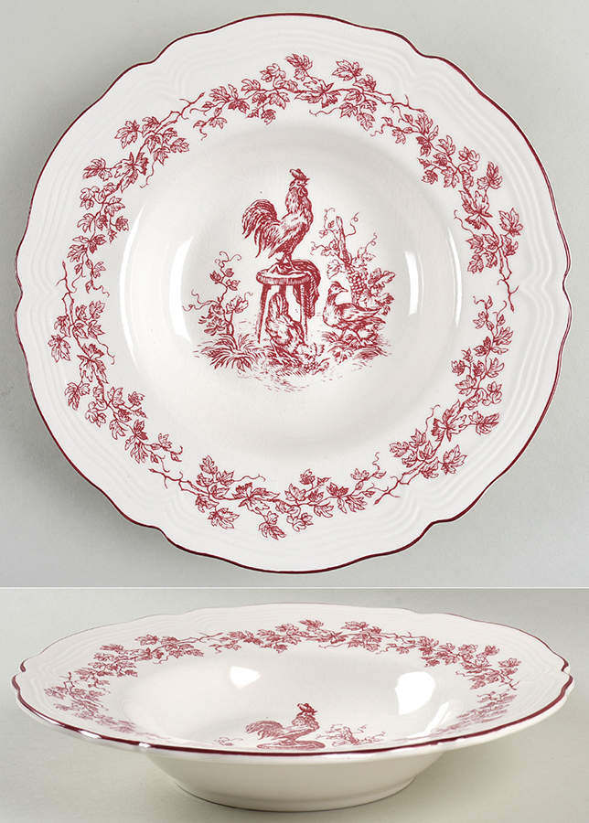 New England Toile Burgundy Large Rim Soup Bowl by Tabletops Unlimited-1