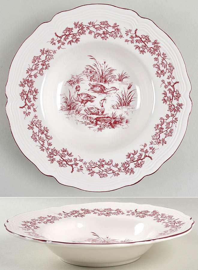 New England Toile Burgundy Large Rim Soup Bowl by Tabletops Unlimited-1