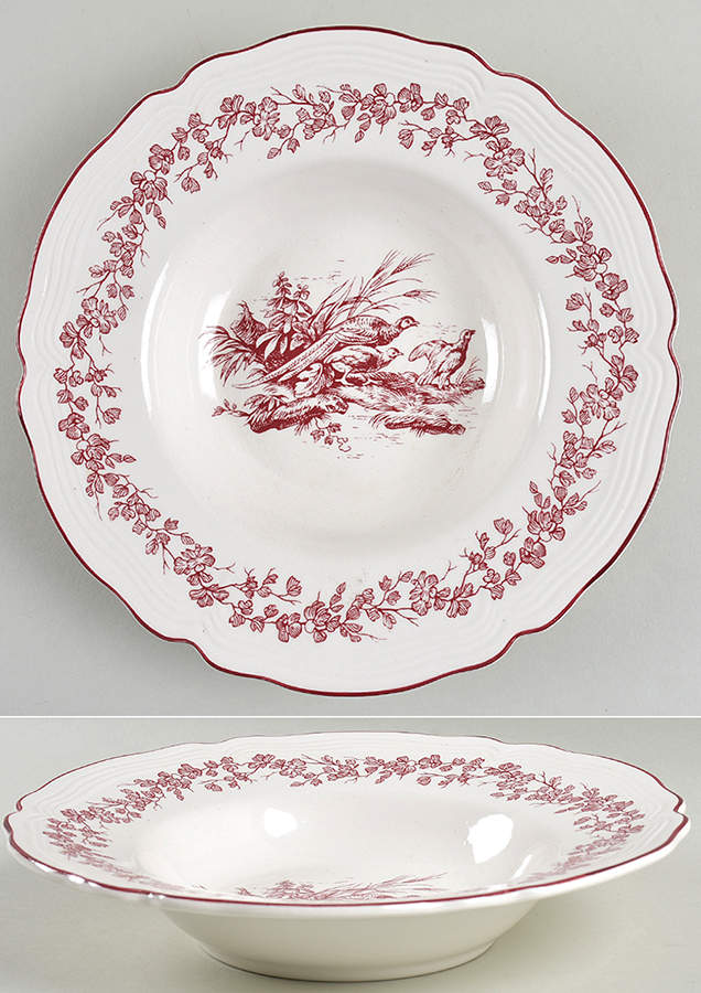 New England Toile Burgundy Large Rim Soup Bowl by Tabletops Unlimited-1