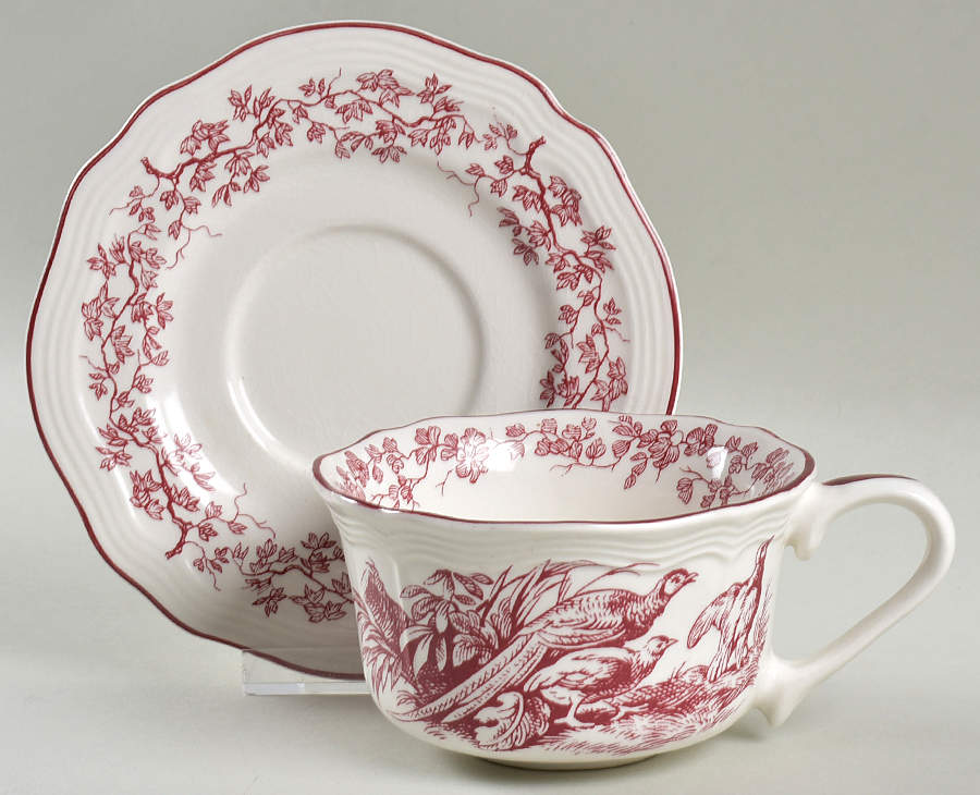 New England Toile Burgundy Flat Cup & Saucer Set by Tabletops Unlimited-1