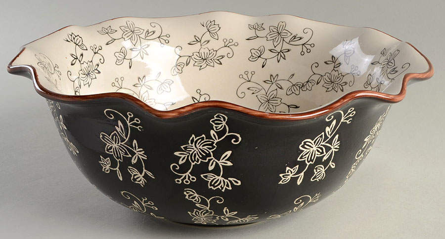 Floral Lace Black Bowl-Fluted/Round 12" by Temp-Tations-1