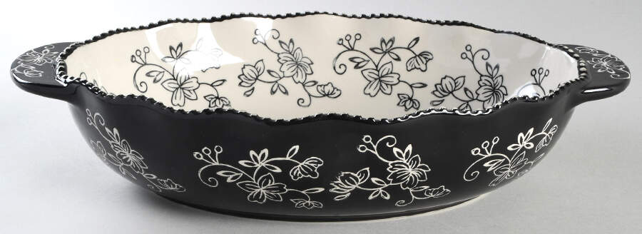 Floral Lace Black 13" Oval Ruffled Tab Handled Baker by Temp-Tations-1