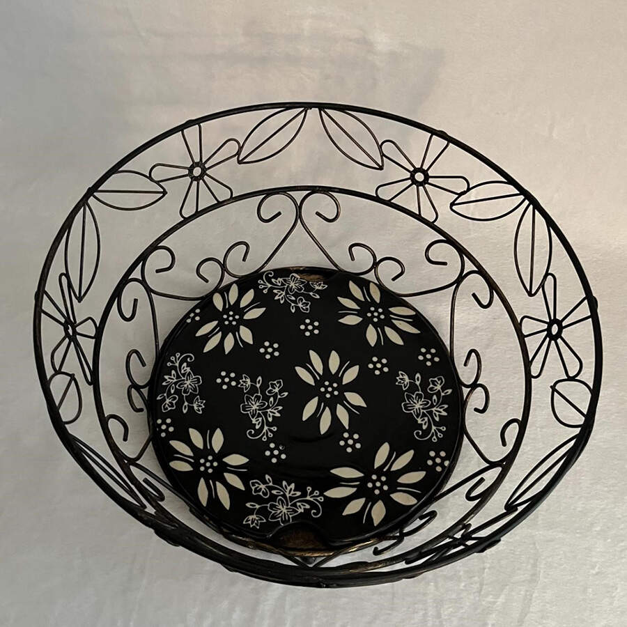 Classic Black Wire Basket with 8" Ceramic Trivet by Temp-Tations-1