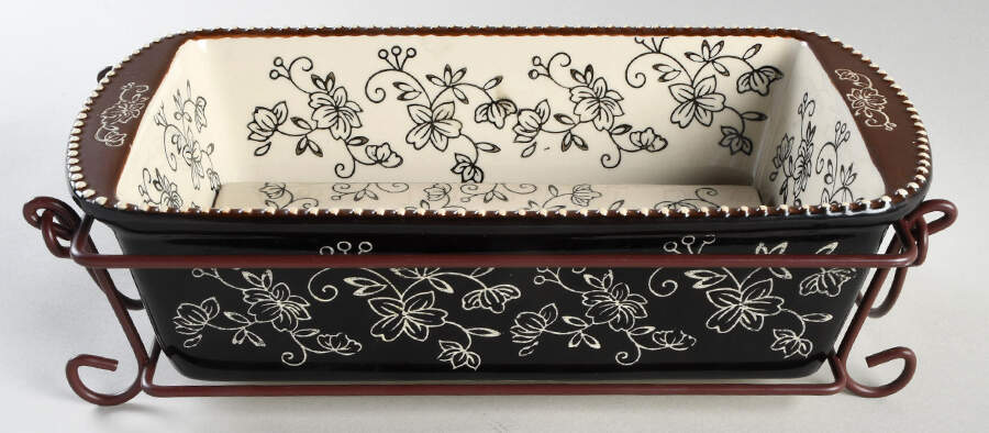 Floral Lace Black Loaf Pan with Drip Tray & Metal Stand Set by Temp-Tations-1