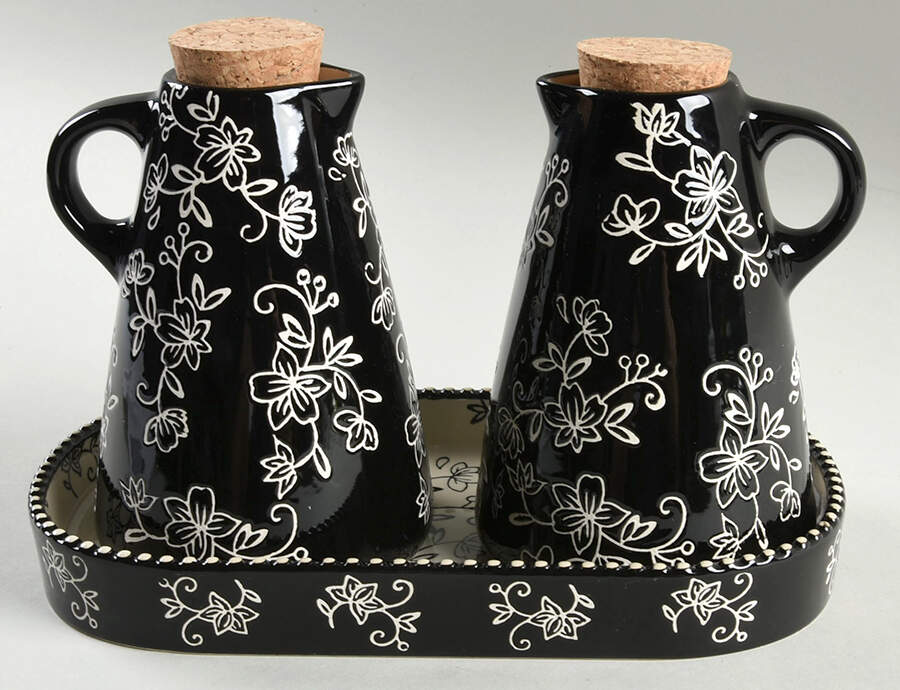 Floral Lace Black Vinegar and Oil Tray Set by Temp-Tations-1