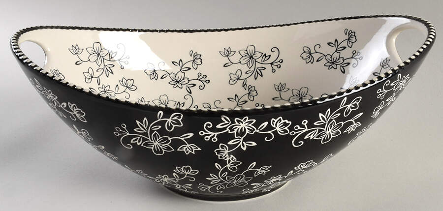 Floral Lace Black 14" Oval Handled Serving Bowl by Temp-Tations-1
