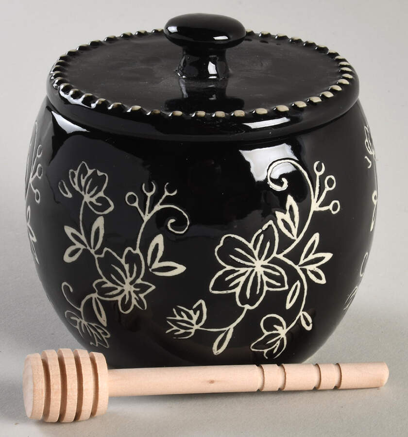 Floral Lace Black Honey Pot with Lid and Spoon/Dipper by Temp-Tations-1