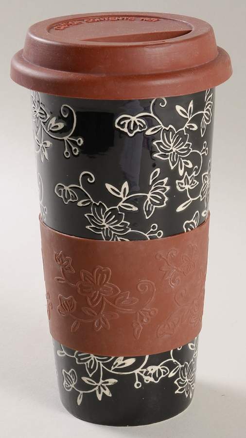 Floral Lace Black Travel Mug & Silicone Lid by Temp-Tations-1