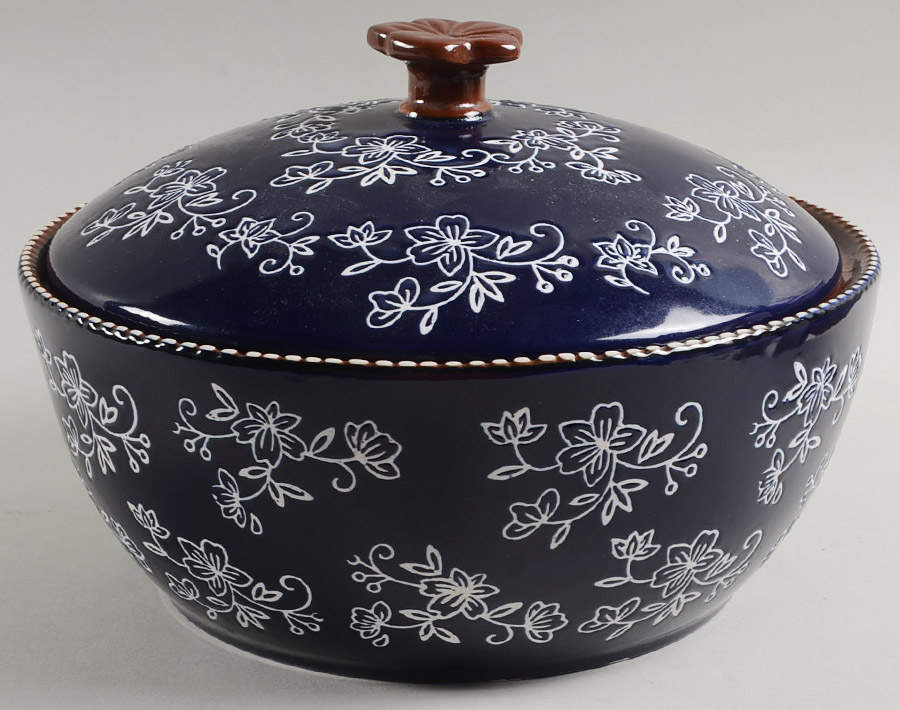 Floral Lace-Blue 3 Quart Round Covered Casserole by Temp-Tations-1