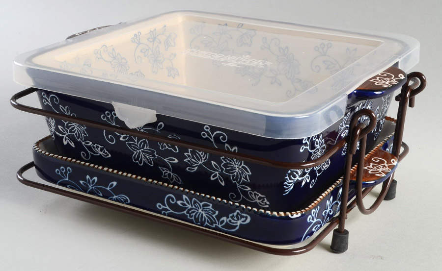 Floral Lace-Blue 9" Square Baker w/Plastic Lid, Lid-it & Metal Stan by Temp-Tations-1