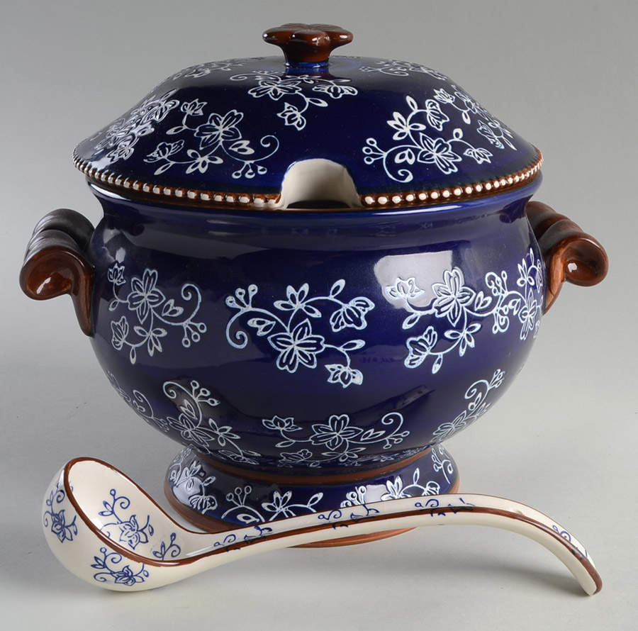 Floral Lace-Blue Tureen & Lid w/Ladle by Temp-Tations-1