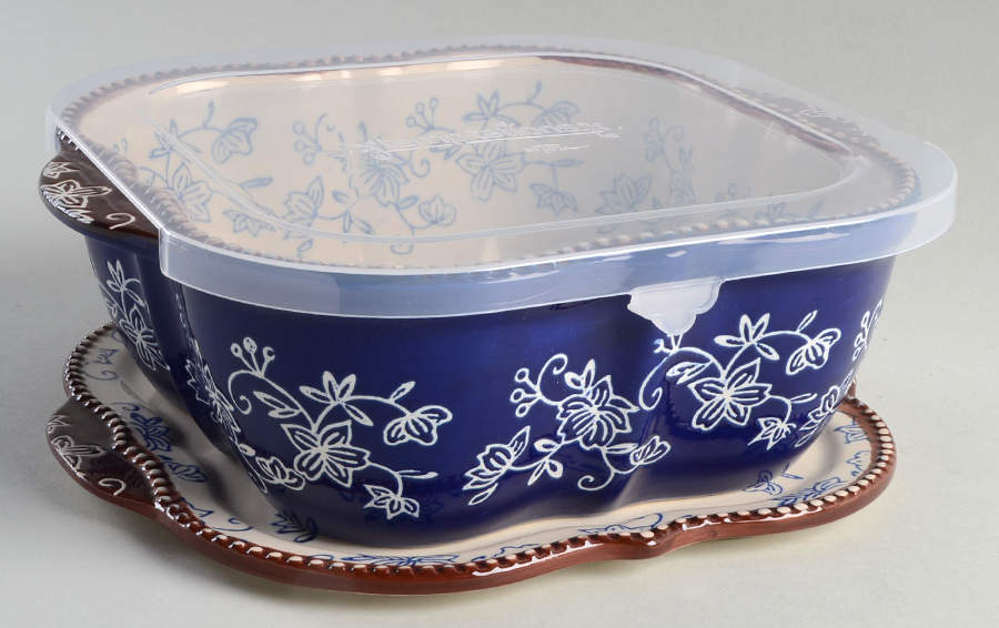 Floral Lace-Blue 9" Square Baker w/Plastic Lid & Lid-It by Temp-Tations-1