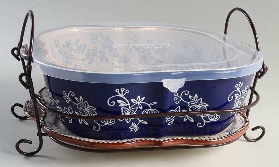 Floral Lace-Blue 11" Square Baker & Plastic Lid/Lid-It & Mtl Stand by Temp-Tations-1