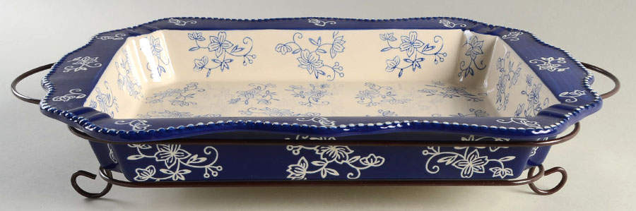 Floral Lace-Blue 15" Rectangular Baker W/Metal Stand by Temp-Tations-1