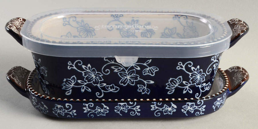 Floral Lace-Blue 8" Individual Oval Baker w/PLastic Lid & Lid-It by Temp-Tations-1