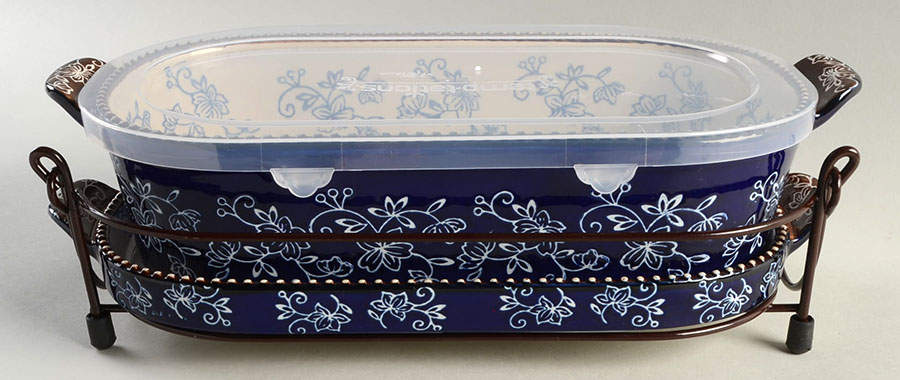 Floral Lace-Blue 13" Oval Baker w/Plastic Lid, Lid-It & Metal Stand by Temp-Tations-1