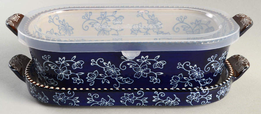 Floral Lace-Blue 11" Oval Baker w/Plastic Lid & Lid-It by Temp-Tations-1