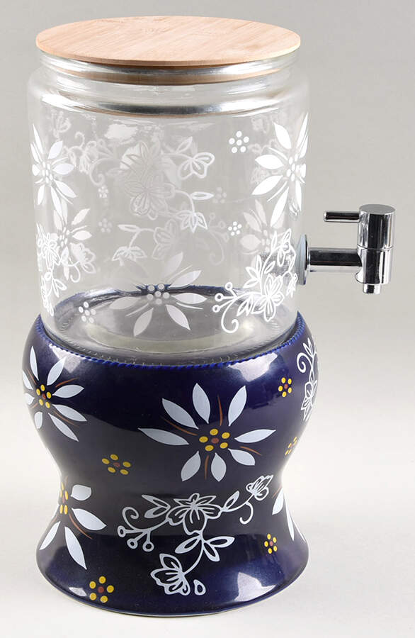 Classic Blue 4 Qt Glass Beverage Dispenser W/Bamboo Lid & Ceramic Pedestal Stand by Temp-Tations-1