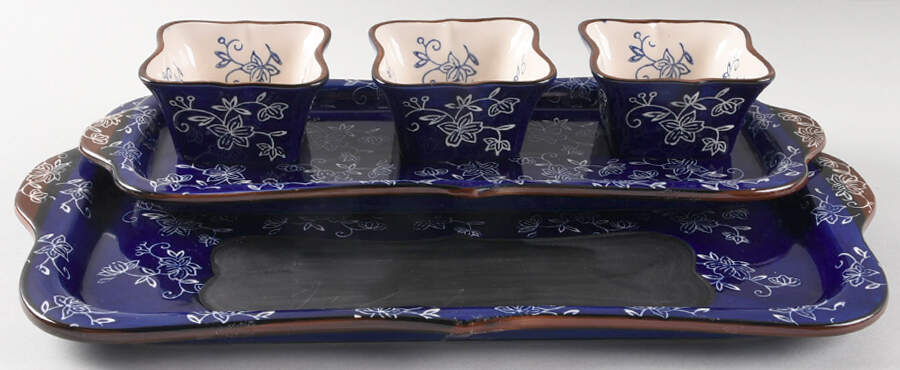 Floral Lace-Blue 5pc Entertaining Set(Tray,3 Dip Bowls&Chalkbd Tray by Temp-Tations-1