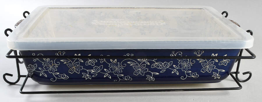 Floral Lace-Blue 15" Rectangular Baker W/Storage Cover& Metal Stand by Temp-Tations-1