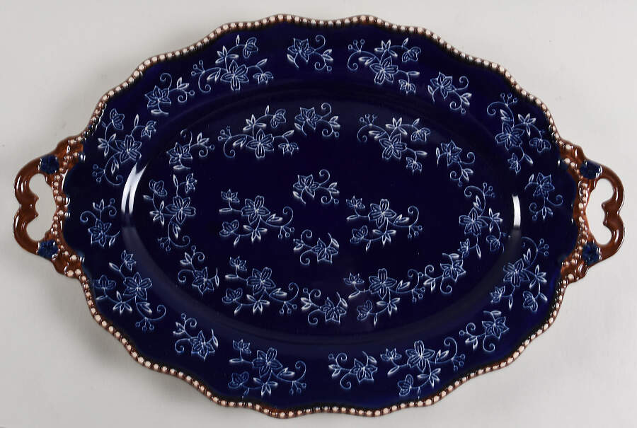 Floral Lace-Blue 18" Oval Handled Platter by Temp-Tations-1