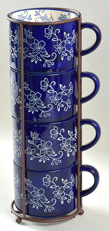 Floral Lace-Blue Stackable Mug - Set of 4 & Metal Holder by Temp-Tations-1