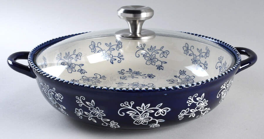 Floral Lace-Blue 3 Qt Round Handled Baker & Glass Lid by Temp-Tations-1