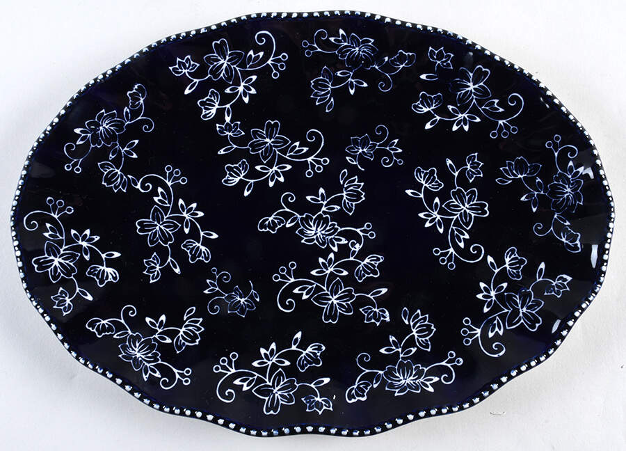 Floral Lace-Blue 14" Oval Ruffled Serving Platter by Temp-Tations-1