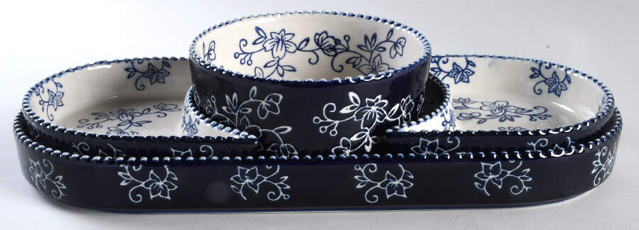 Floral Lace-Blue (4 Pc) Appetizer/Meal Set-(Oval Tray, 2 Sides Sections & Center Bowl) by Temp-Tations-1