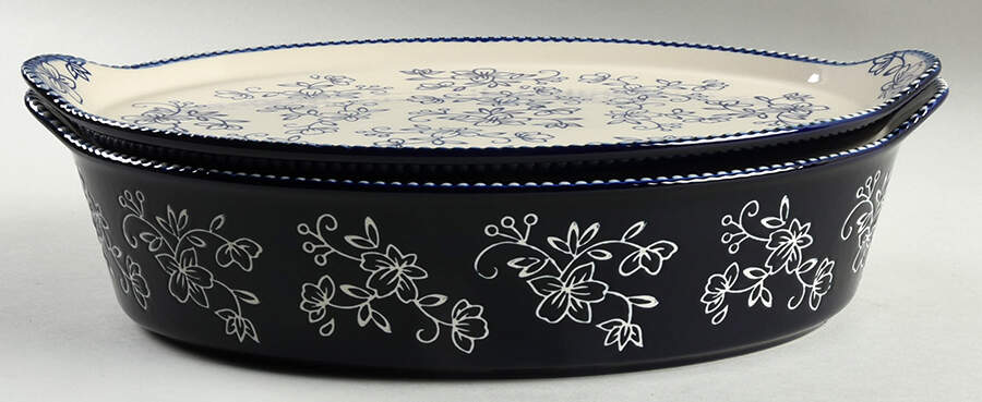 Floral Lace-Blue 14" Oval Tab Handled Baker & Lid-It by Temp-Tations-1