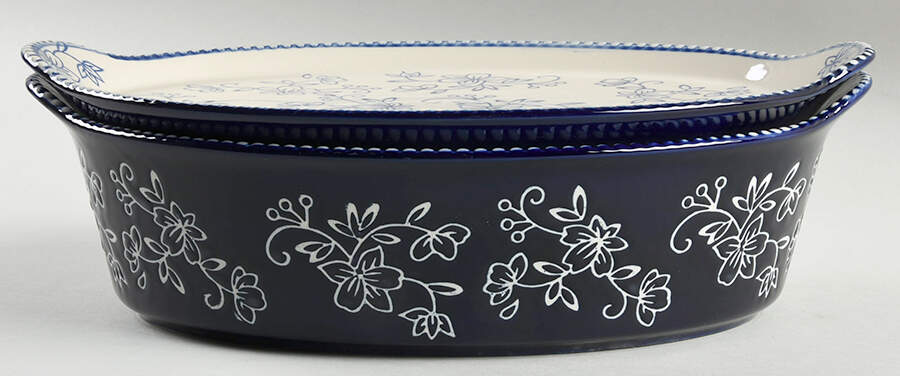 Floral Lace-Blue 12" Oval Tab Handled Baker & Lid-It by Temp-Tations-1
