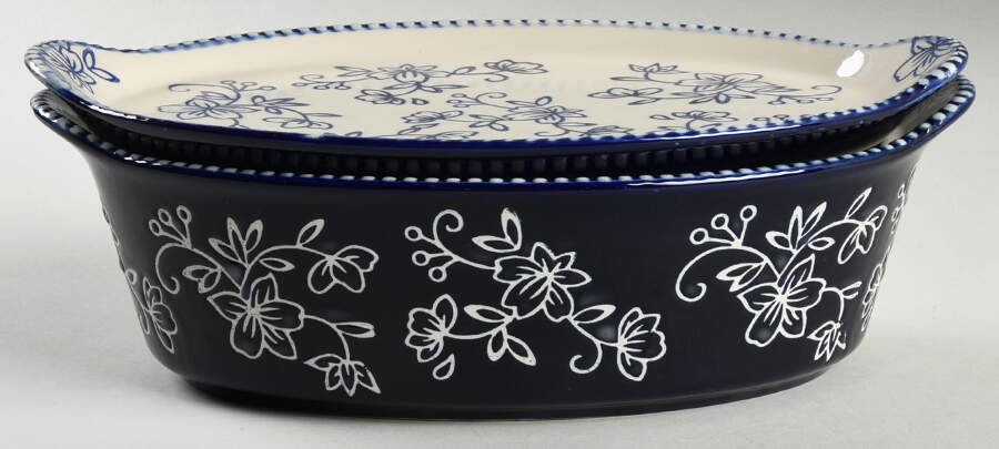 Floral Lace-Blue 10" Oval Tab Handled Baker & Lid-It by Temp-Tations-1