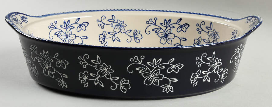 Floral Lace-Blue 14" Oval Tab Handled Baker No Lid-It by Temp-Tations-1